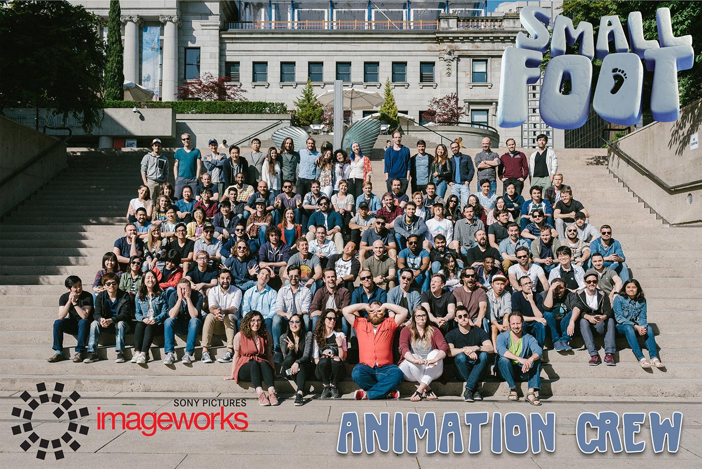 Group shot of Sony's Small Foot animation crew including two UCF animation grads