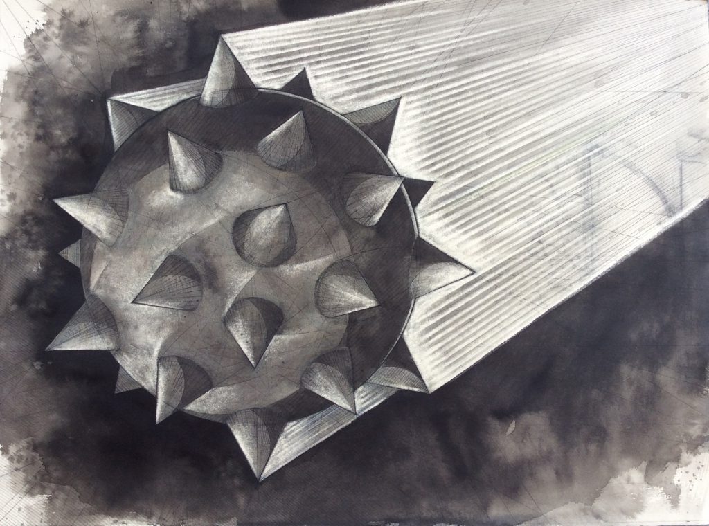 Artwork Information: Bomblet by Kevin Haran, mixed media work on paper, 22”x30”, 2019.