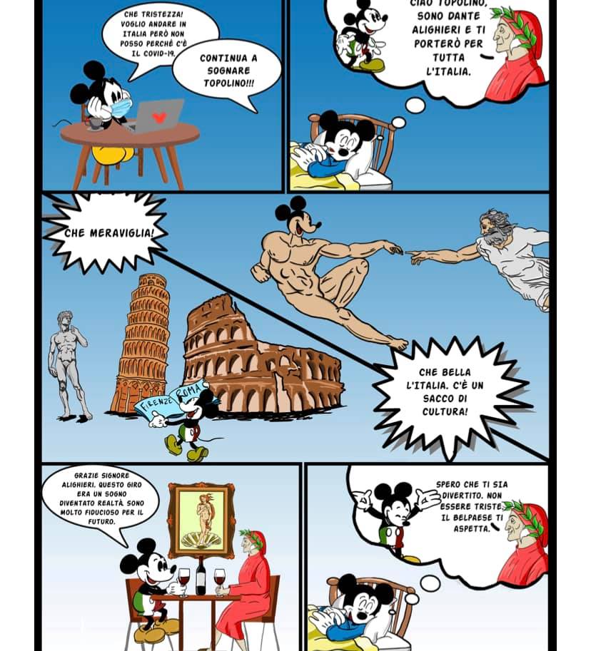 Mariana Ortiz's comic for the Week of the Italian Language in the World, depicting Mickey Mouse and Dante Alighieri touring Italy