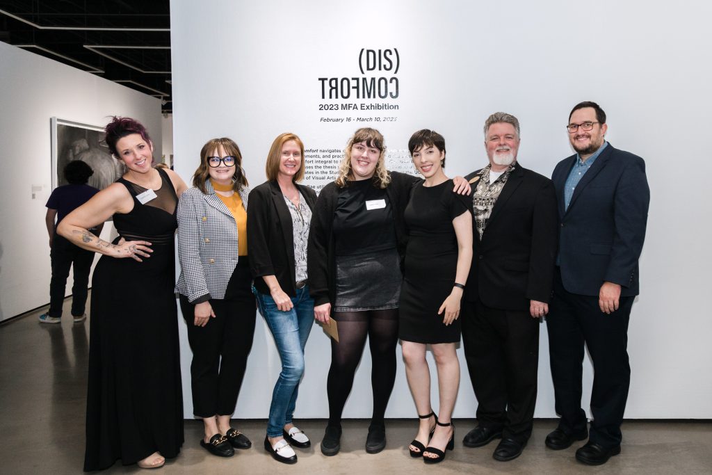 Photo from the 2023 MFA Exhibition featuring the artists and SVAD administration