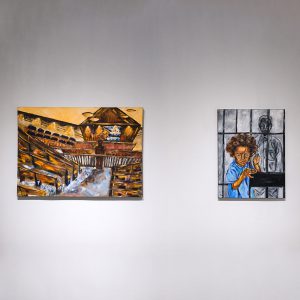 "Reasonable Doubt" (left) and "Pick Every Lock" are works by artist Omari Booker. They are part of "Illuminating the Darkness: Our Carceral Landscape" at the UCF art gallery.