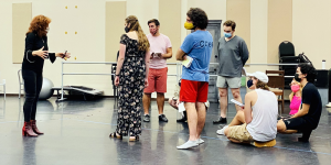 Julia Listengarten, left, speaks with her cast during a rehearsal for 'Indecent' at the UCF School of Performing Arts
