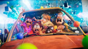 Animated family in car with expressive faces
