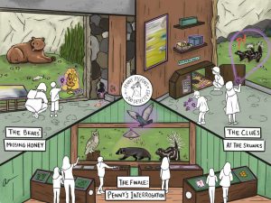 A sketch of a virtual interactive experience, depicting a visit to an outdoor zoo.