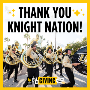 "Thank you Knight Nation!" text over an image of the Marching Knights