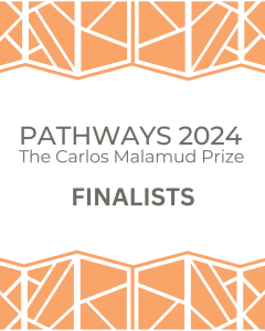 Pathways Prize Graphic with orange and white stripes and shapes